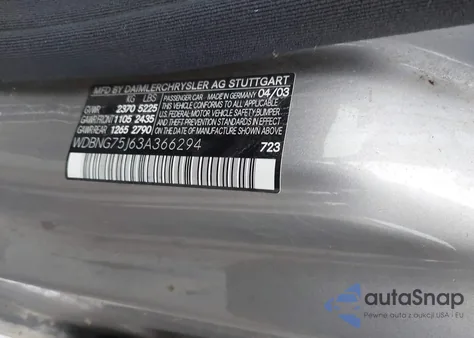 2003 Mercedes-Benz S 500 из США, поврежденный, VIN WDBNG75J63A366294